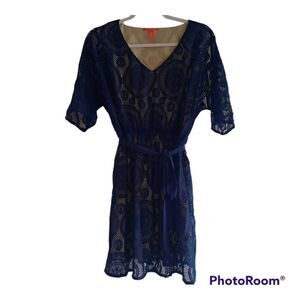 Chelsea And Violet Blue Lace Overlay Belted Dress
